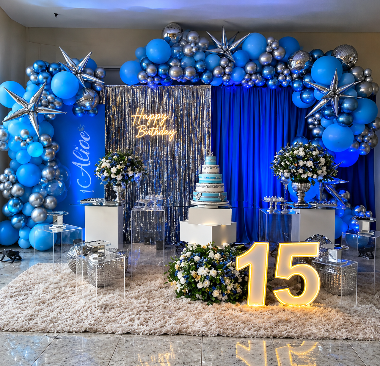 Painel e mesa de festa de 15 anos